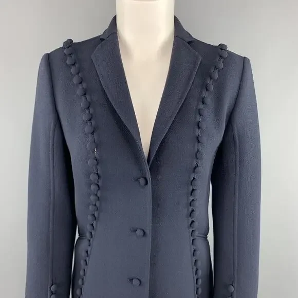 CHADO RALPH RUCCI Size 2 Navy Crepe Wool Button Trim Notch Lapel Jacket - Picture 2 of 10